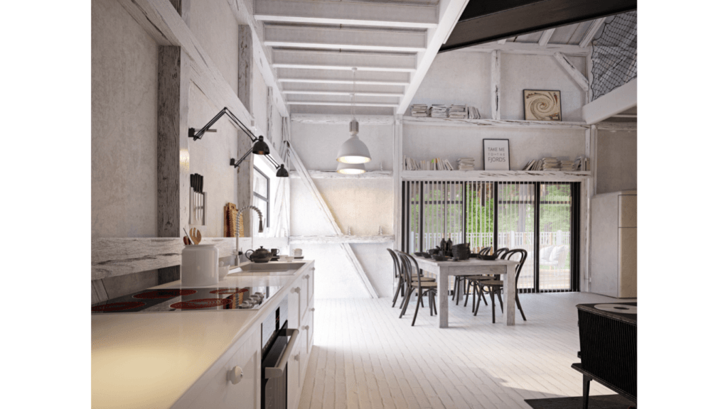 Farmhouse design kitchen open white countertops