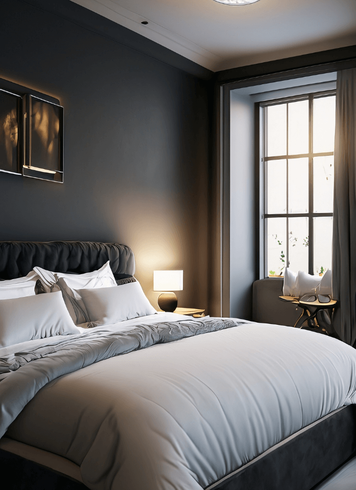 Cozy dark bedroom with charcoal grey walls and soft white linens