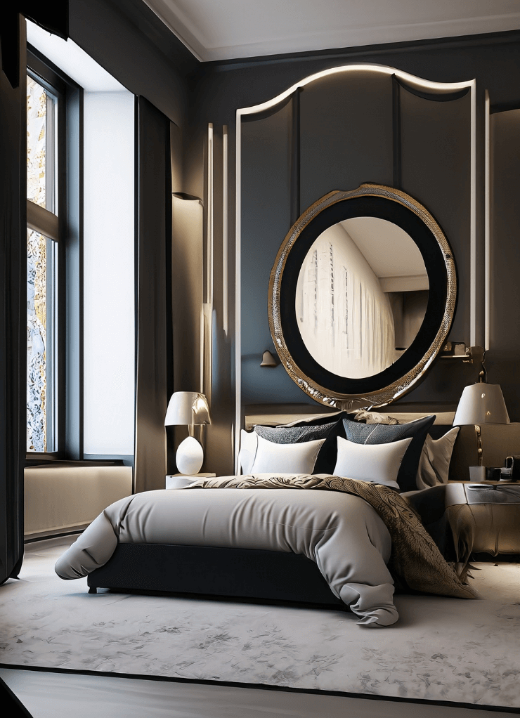 Dark bedroom balanced with light-colored furniture and reflective accessories