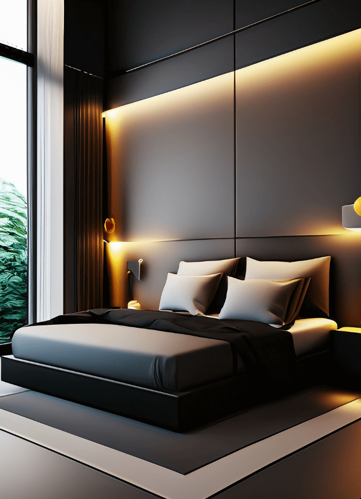 Dark bedroom showcasing the effect of layered lighting