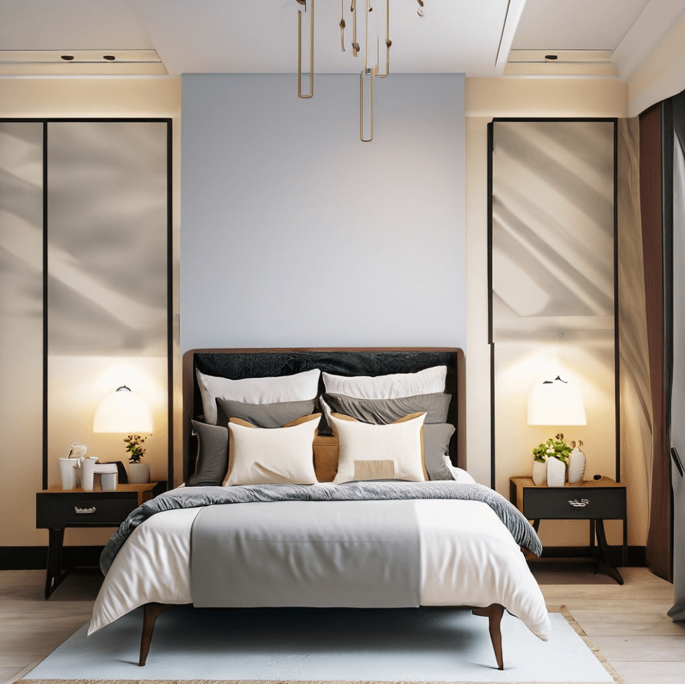 Harmonious master bedroom designed for couples with symmetrical layout
