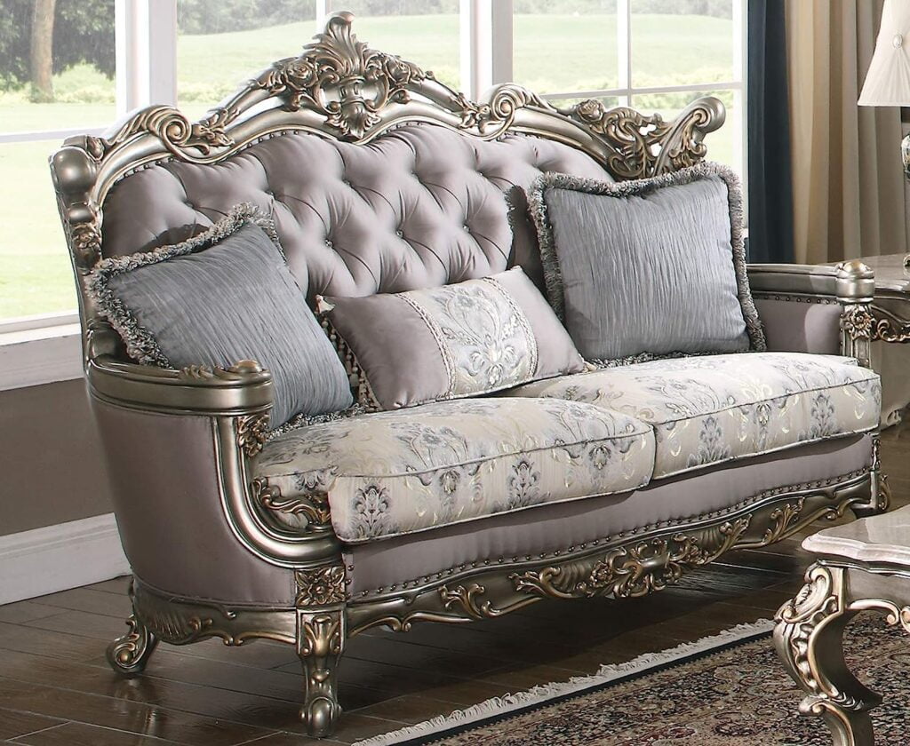 Loveseat with Engravings and Cabriole Legs, Purple and Silver