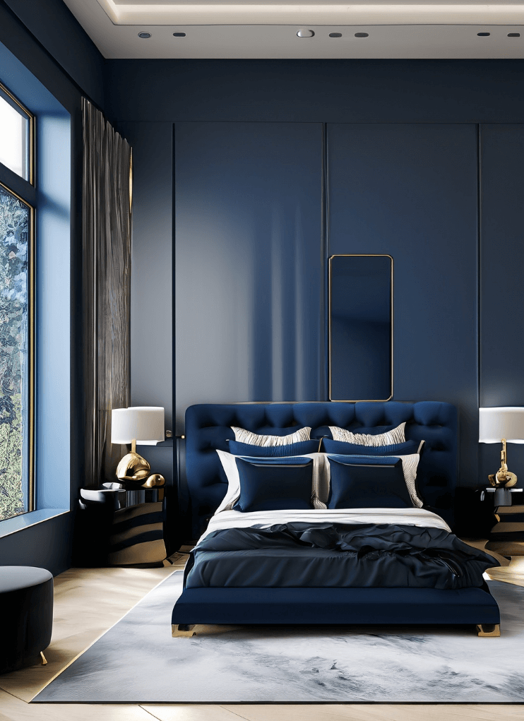 Modern dark bedroom with navy blue walls and sleek black furniture
