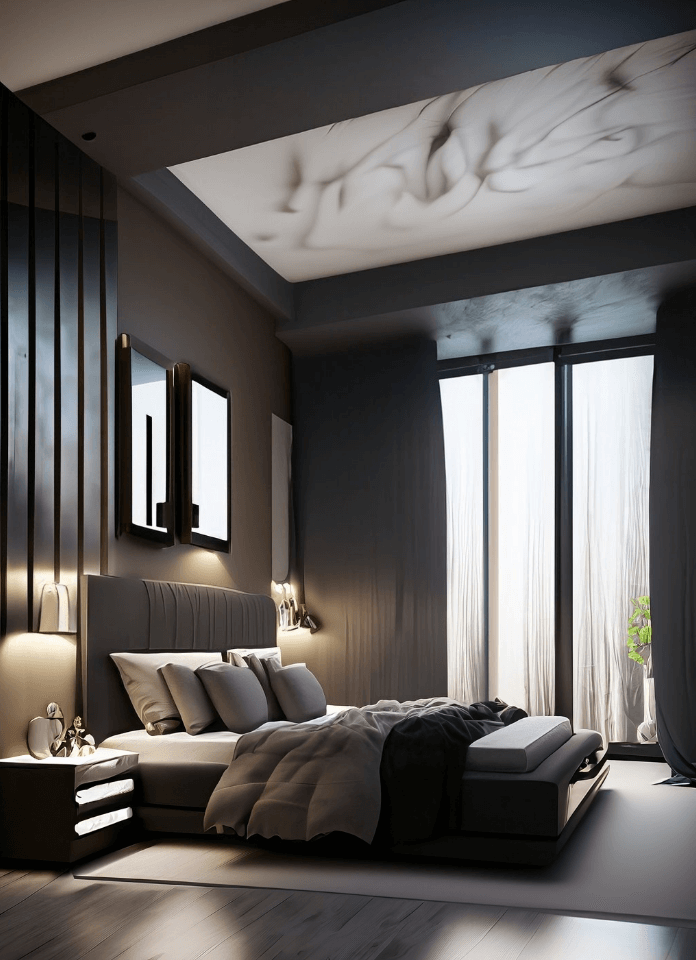 Spacious and well-lit dark bedroom with strategic use of mirrors and light window treatments.