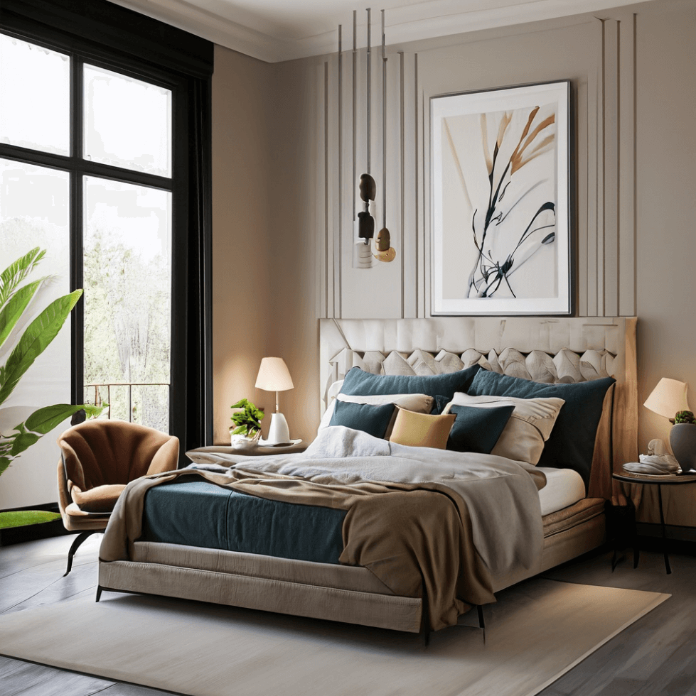Stylish master bedroom with a mix of modern and vintage elements