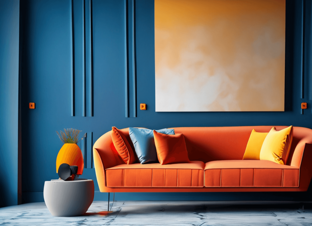 living room where the main color is a rich, deep blue. The furniture is upholstered in shades of red-orange and yellow-orange, creating a vibrant contrast with the blue walls